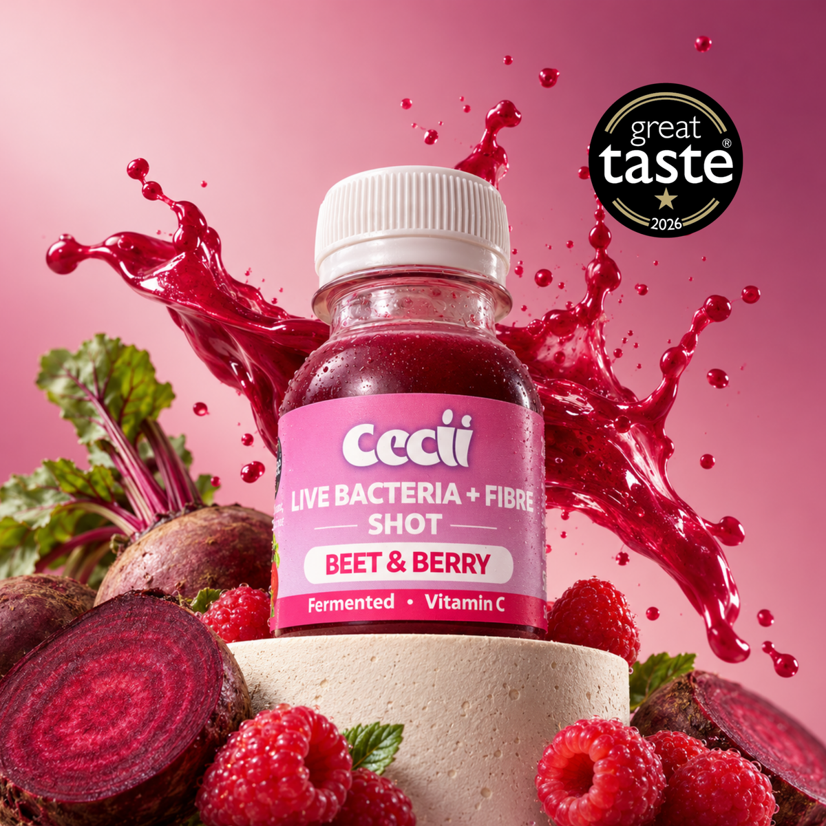 A bottle of Cecii Beet & Berry Live Bacteria + Fibre Shot centered on a pink background with a red juice splash behind it and beet, raspberries, and a beetroot slice arranged around the base. A black circular 'great taste 2024' badge appears in the upper right.